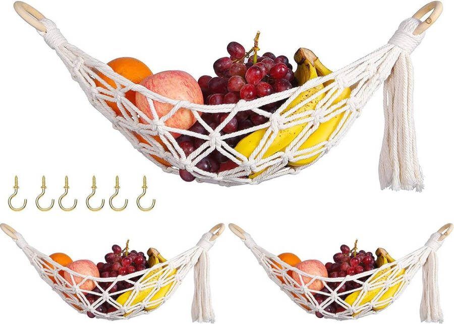 Merkloos URCheers Hangende fruithangmat 3 verpakkingen macramé fruithangmat onder kast met 6 stuks voor macramé fruitmand hangmat onderkast en keuken