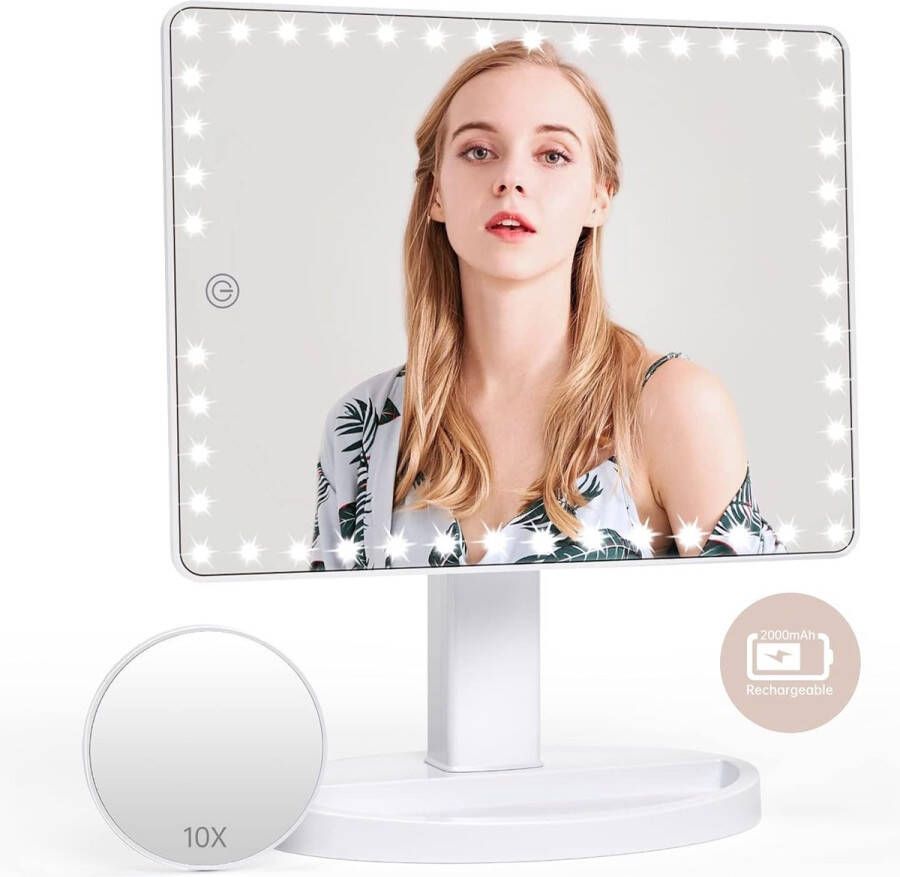 Merkloos Vergrotende spiegel Oplaadbare grote make-upspiegel 45 led-touchscreen-lampen met afneembare 10-voudige vergroting 360 graden draaibaar werkt op batterijen wit