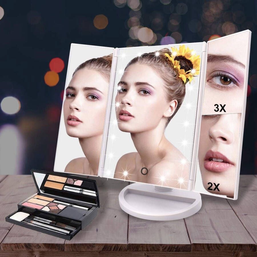 Merkloos Verlichte Makeup Spiegel met 21 LED lampen Dual Power Supply 2X 3X Vergrotende LED (Wit)