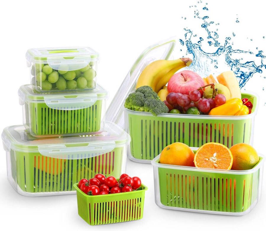 Merkloos Vershouddozen groenten met deksel zeef set van 5 8 l + 3 8 l + 2 3 l + 1 3 l + 0 7 l BPA-vrij vershouddozen dicht scheidbaar koelkastorganizer salade en bessen groen