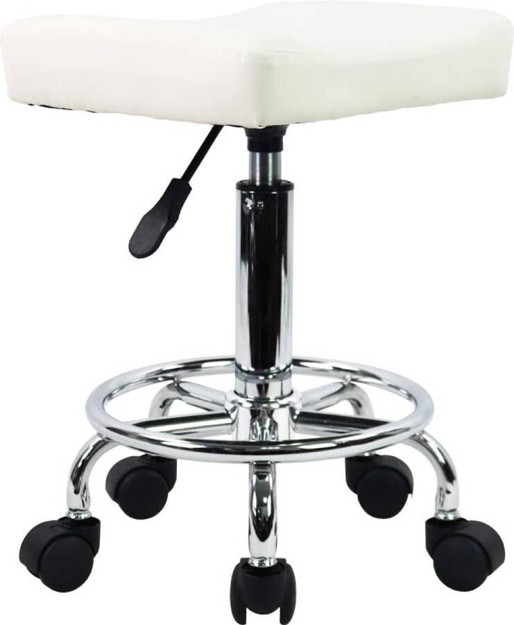 Merkloos Vierkante rolstoel PU lederen hoogte verstelbare draaibare massage SPA Salon krukken taakstoel met wielen (wit)