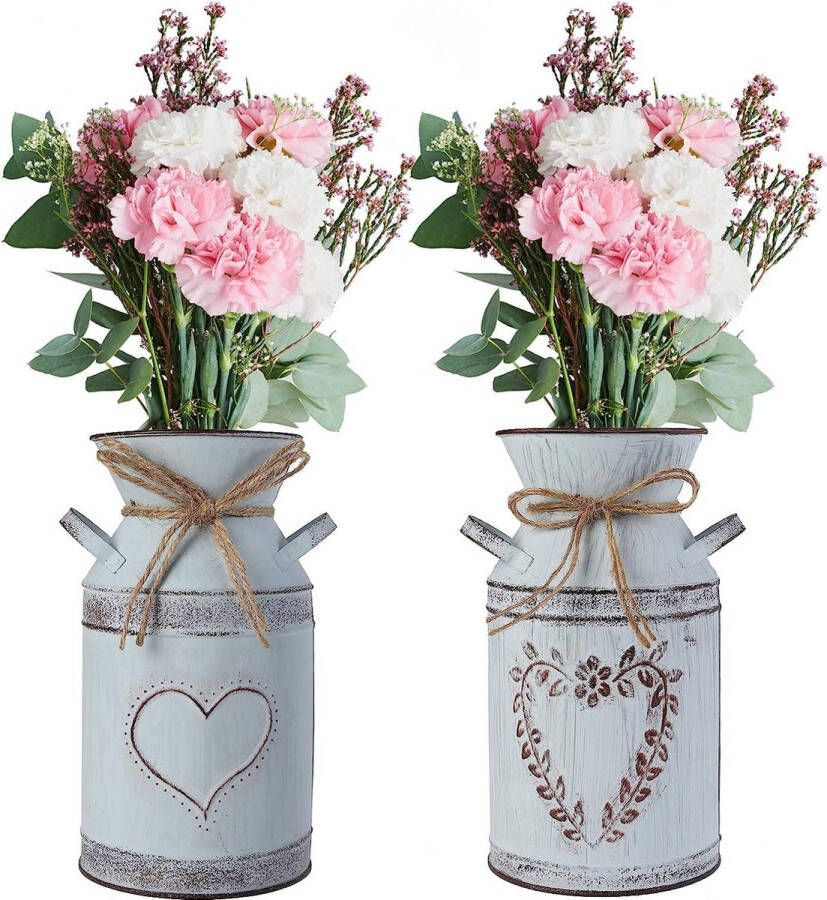 Merkloos Vintage bloemenvaas hart melkkan 2 stuks ijzeren bloempot shabby decoratie bloempot vaas van zink landelijke stijl vaas rustieke bloemenemmer voor tuin woonkamer tafeldecoratie