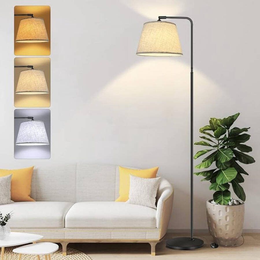 Merkloos vloerlamp woonkamer moderne vloerlamp met booglamp met 3 kleuren 12 W dimbare led-leeslamp met linnen lampenkap voetschakelaar vloerlamp hoeklamp voor woonkamer slaapkamer kantoor