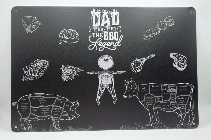 Merkloos wandbord varken & koe dad the legend slager wand decoratie bbq barbeque technische delen buitenkeuken mancave metal sign 20x30cm butcher guide wandborden voor buiten