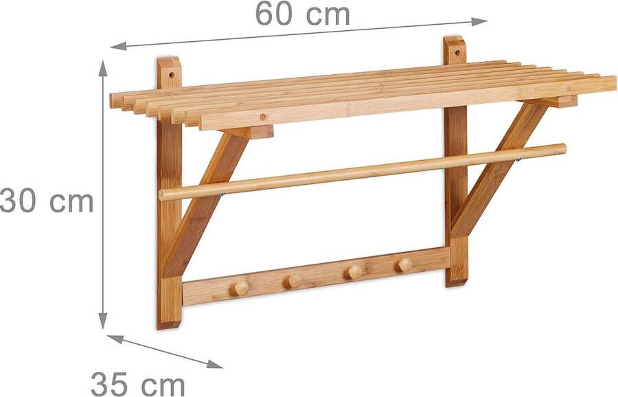 Merkloos wandkapstok bamboe hoedenplank met 4 haakjes voor aan muur handdoekenrek HBD 30 x 60 x 35 cm natuur