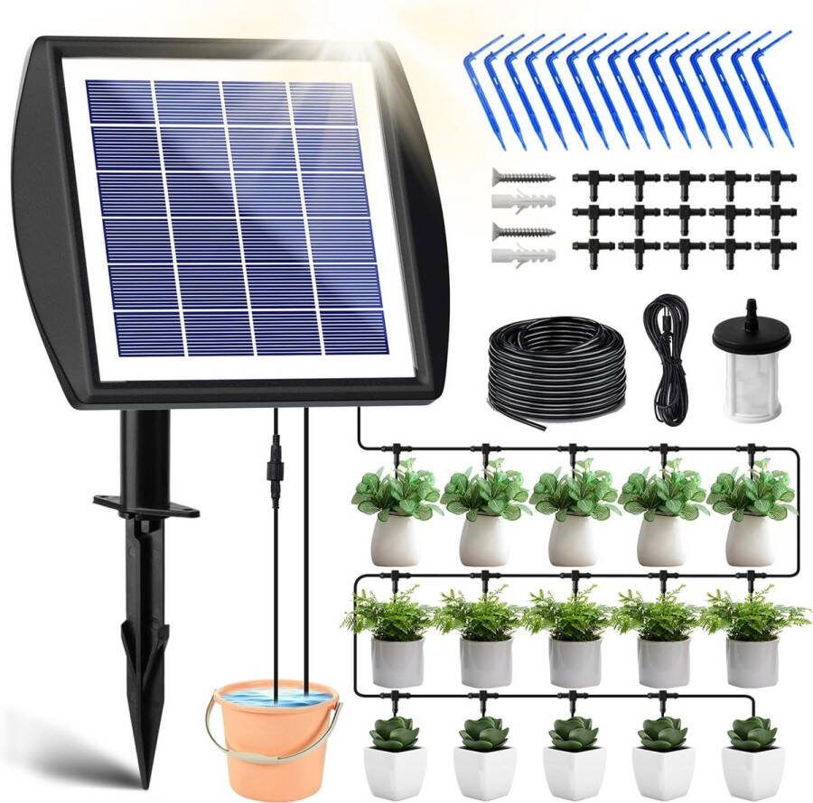 Merkloos Waterdruppelaar Irrigatiesysteem Bewateringssysteem Zonne Energie Set van 12 Geplante Planten Automatisch Watergeefsysteem met USB-voeding LED-display