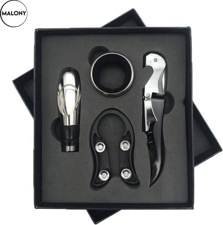 Merkloos Wijnopener set 4 Delig RVS Wijn accessoires Luxe Giftbox Zwart