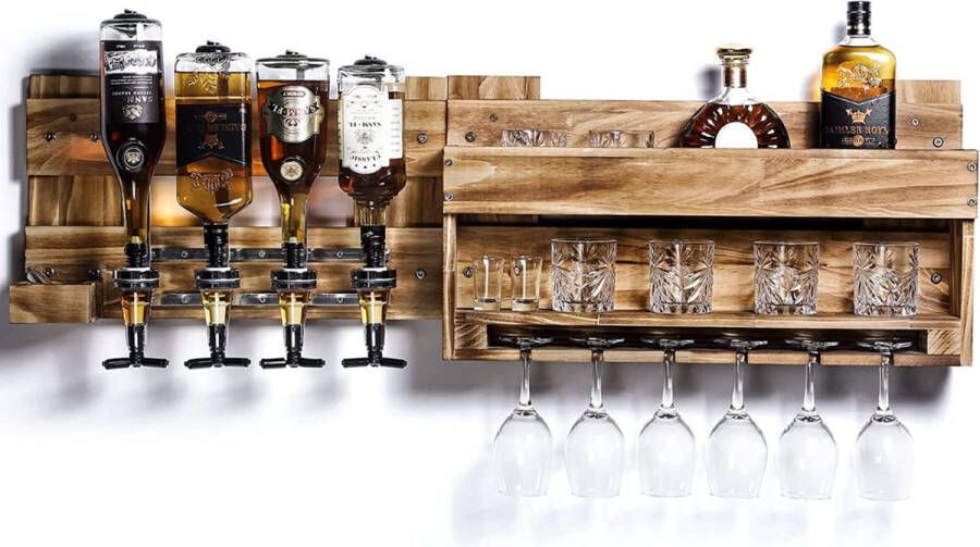 Merkloos Wijnrek Gevlamd Pallethout Wandbar met 4 Drankdispensers Flessenhouders Vintage