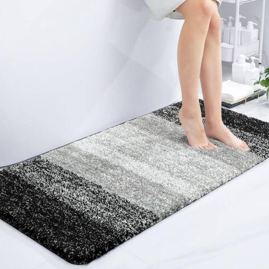 Merkloos Zacht badkamertapijt 60 x 120 cm antislip wasbaar wollig hoogpolig badmat microvezel absorberend douchemat (zwart)