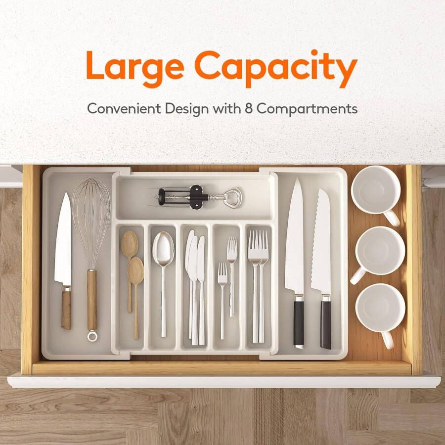 Merkloos Zilverwerk Organizer Uitbreidbare Gebruiksvoorwerpen Tray voor Lade Verstelbare Couvert en Bestek Houder Compacte Plastic Lade Opbergruimte Lepels Vorken Messen Groot Wit