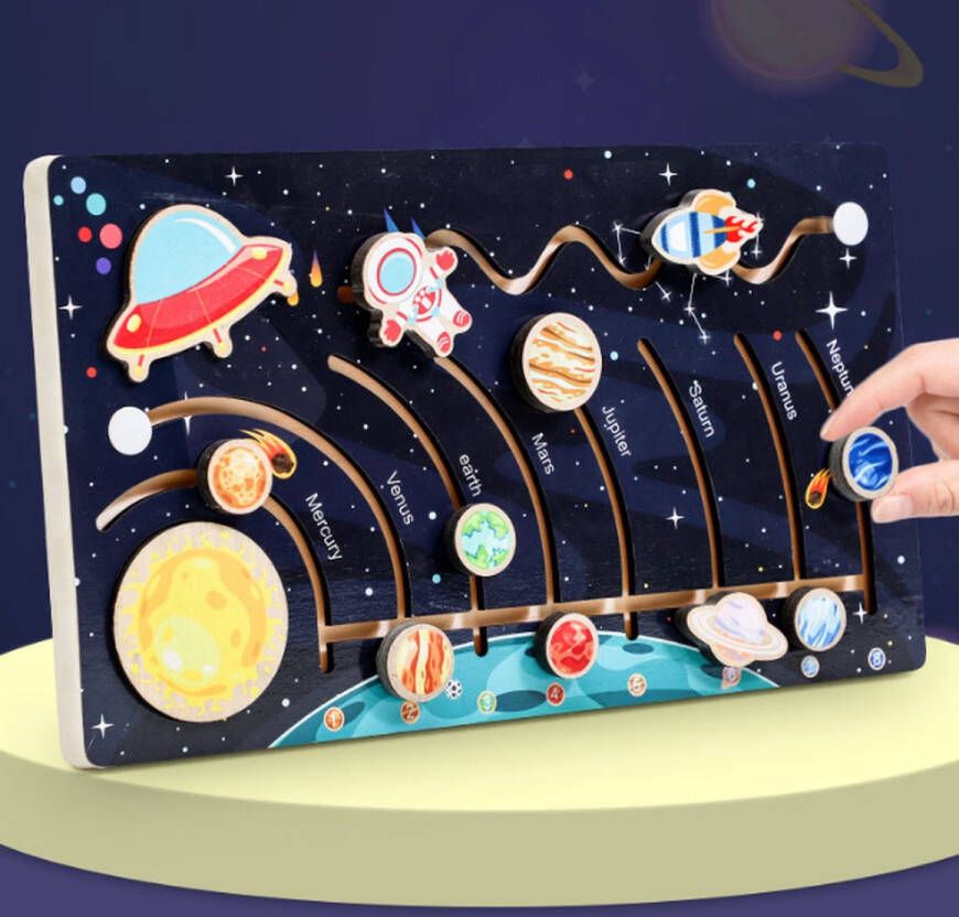 Merkloos Zonnestelsel Puzzel Planeten De Ruimte Montessori Cognitief Speelgoed Motoriek Kleurrijk 39*22*10cm Hout