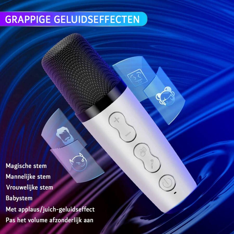 Merkloos Zwarte Karaokemachine met 2 UHF Draadloze Microfoons USB Stemveranderende Effecten LED-verlichting Bluetooth 5.0 4000mAh Batterij voor Feesten