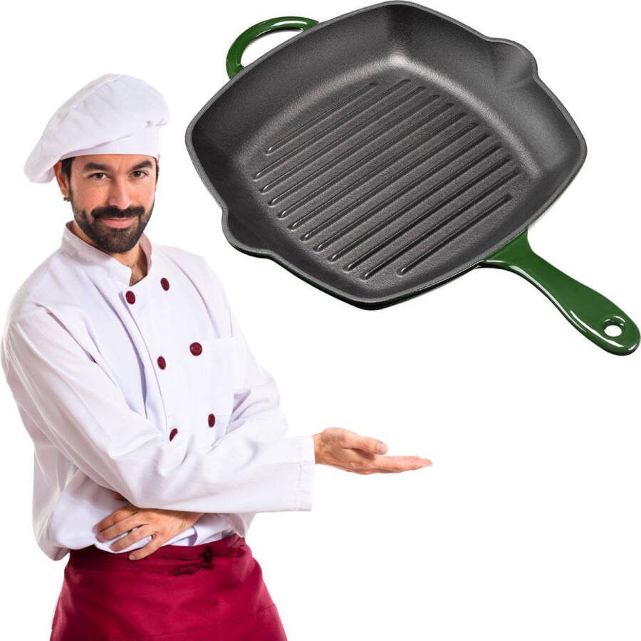 Merklooss Grillpan Inductie Grillpannen Gietijzer BBQ Zwart met Groen
