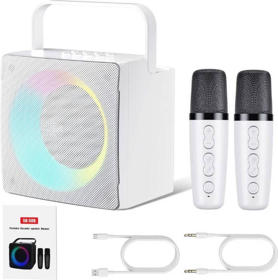 Merklooss Karaoke set voor Volwassenen en Kinderen met 2 Microfoons Karaokesets Draadloos met Bluetooth Speaker Zang Wit met Zwart