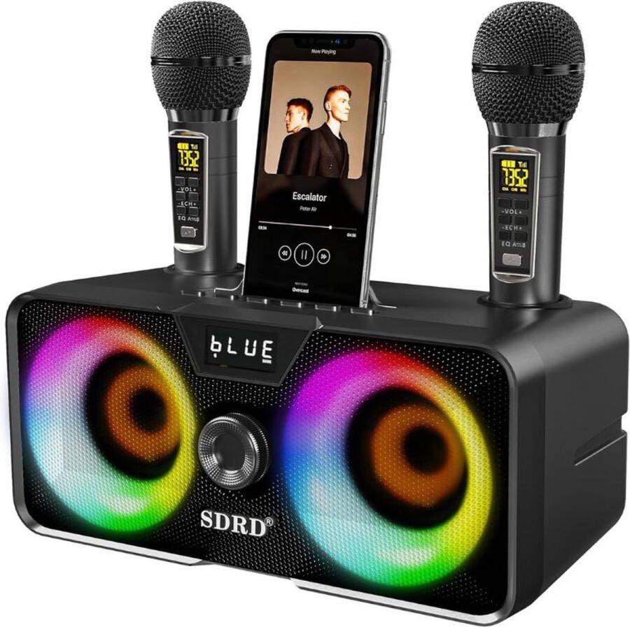 Merklooss Karaoke set voor Volwassenen en Kinderen met 2 Microfoons Karaokesets Draadloos met Bluetooth Speaker Zwart met Disco Lampen