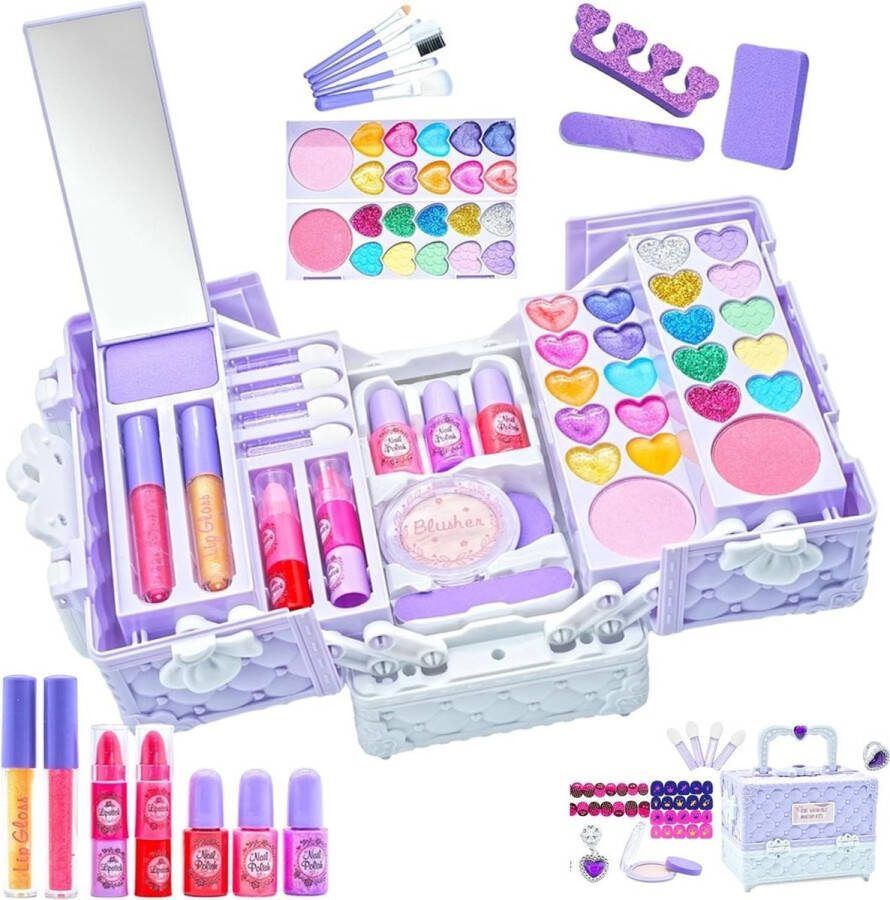 Merklooss Make Up Koffer Meisjes- Kinder Speelkoffer -Make-upgeschenkset -Makeupset voor Kinderen -53delige Licht Paars Nagellak- Lippenstift -Wenkbrauwborstel -Oogschaduw