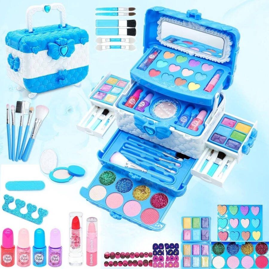 Merklooss Make up Koffer Meisjes Kinder Speelkoffer Make-upset Voor Kinderen Make-upgeschenkset 57delige Baby Blauw met Wit Voor jou Prinsesje