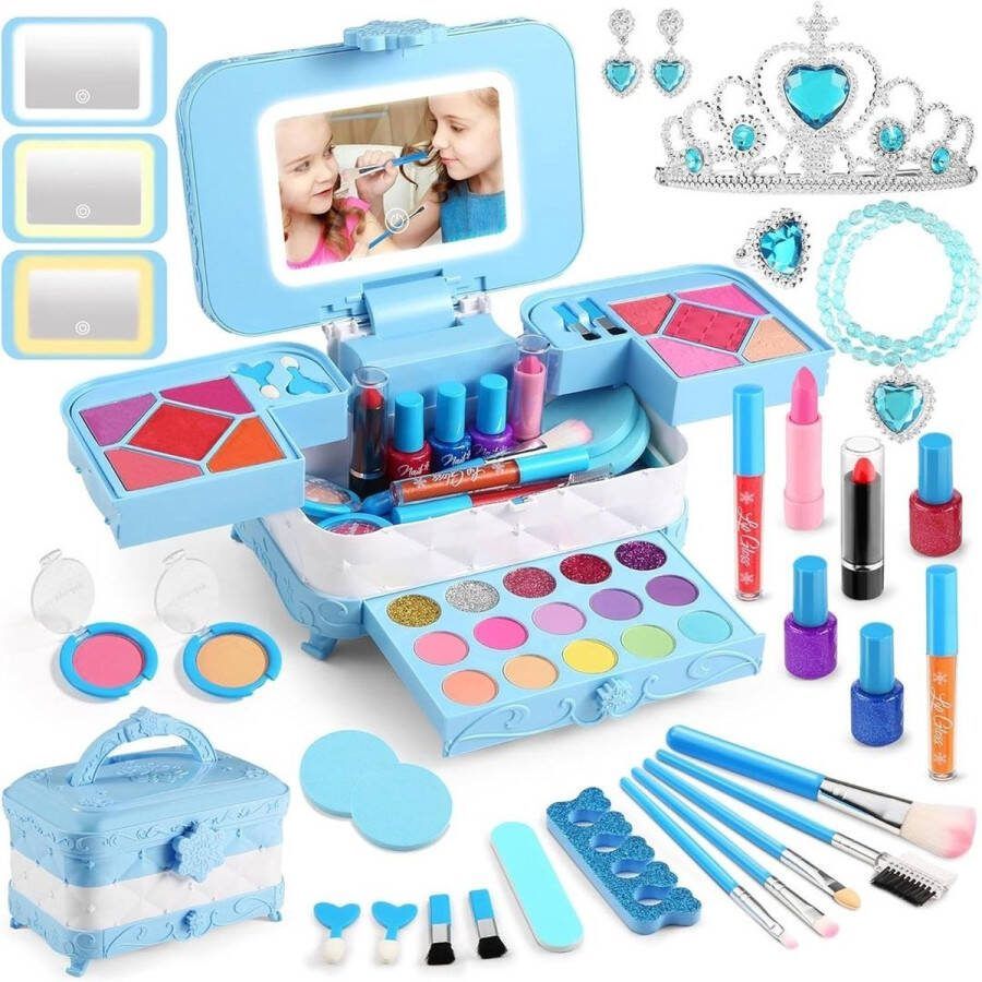 Merklooss Make up Koffer Meisjes Kinder Speelkoffer Make-upset Voor Kinderen Make-upgeschenkset 59delige Baby Blauw Voor jou Prinsesje