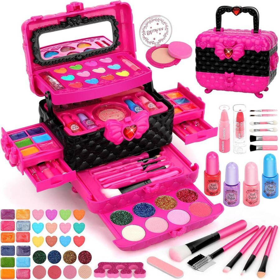 Merklooss Make up Koffer Meisjes Kinder Speelkoffer met Inhoud Make upset voor Kinderen Roze met Zwarte Detail Voor jouw Prinsesje