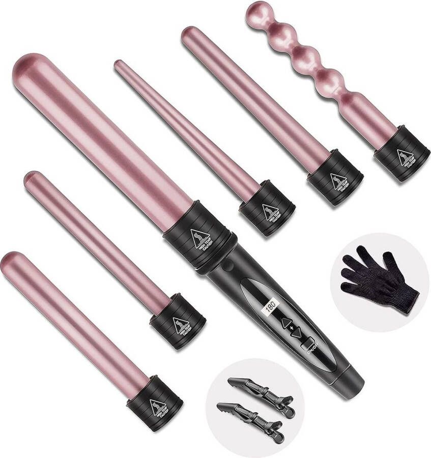 Merklooss Wafeltang Voor Dik en Dun Haar Krultang 6 in 1 – Wave Tang Voor krullen – Krultang 5 in 1 met Handschoenen – Met Haarspelden Rose