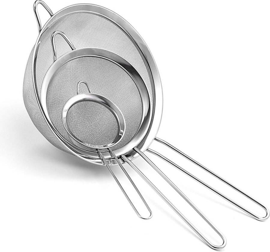 Merklose 3 Stuks Zeefset RVS Voedsel Fijne Zeefjes Mesh Strainers Set Keuken Zeven Tool Kit Met Lange Handvat Voor Thee Pasta Rijst Vruchten Meel Sap Eierfilter Voedselzeef