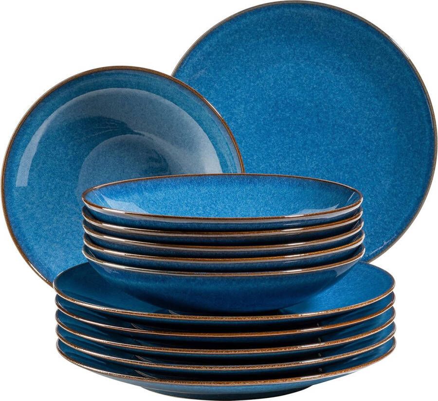 Merklose 931946 Serie Ossia bordenset voor 6 personen in mediterrane vintage-look 12-delig modern tafelservies met soepborden en platte borden koningsblauw aardewerk