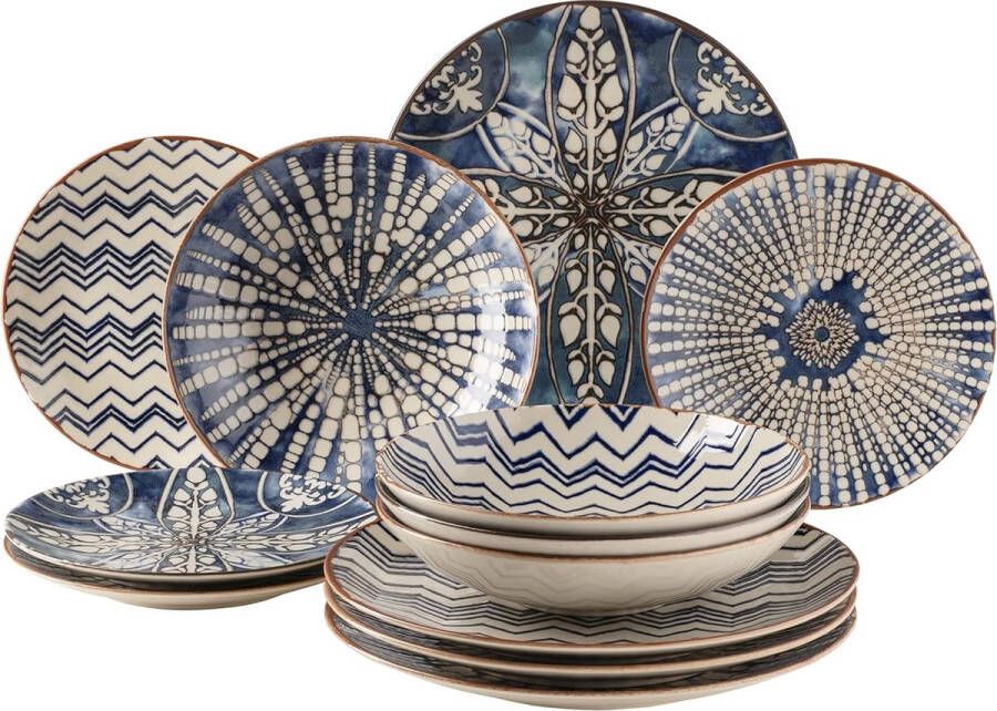 Merklose 934017 Iberico Blue 12-delig tafelservies voor 4 personen in Moorse stijl bordenset met verschillende vintage patronen in wit en blauw steengoed