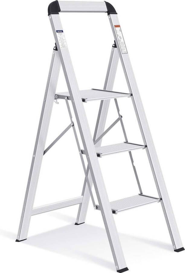 Merklose Aluminium Trapladder 3 Treden Draagbare Slanke Vouwtrap Antislip Huishoudtrap met Klapbeveiliging Opstapkruk Vouwladder met Handvat Opstapje Opvouwbare voor Keuken Bijkeuken Kasten Zilver