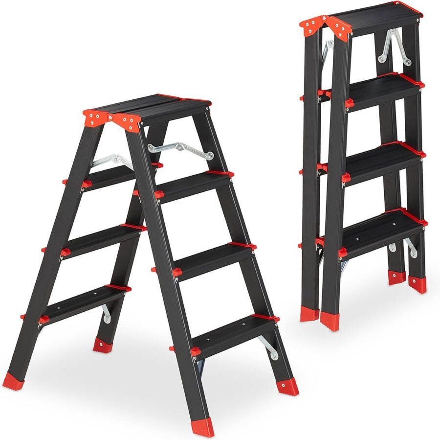 Merklose dubbele trap aluminium 4 treden tot 120 kg lichtgewicht 78 x 43 x 69 cm huishoudtrap keuken zwart