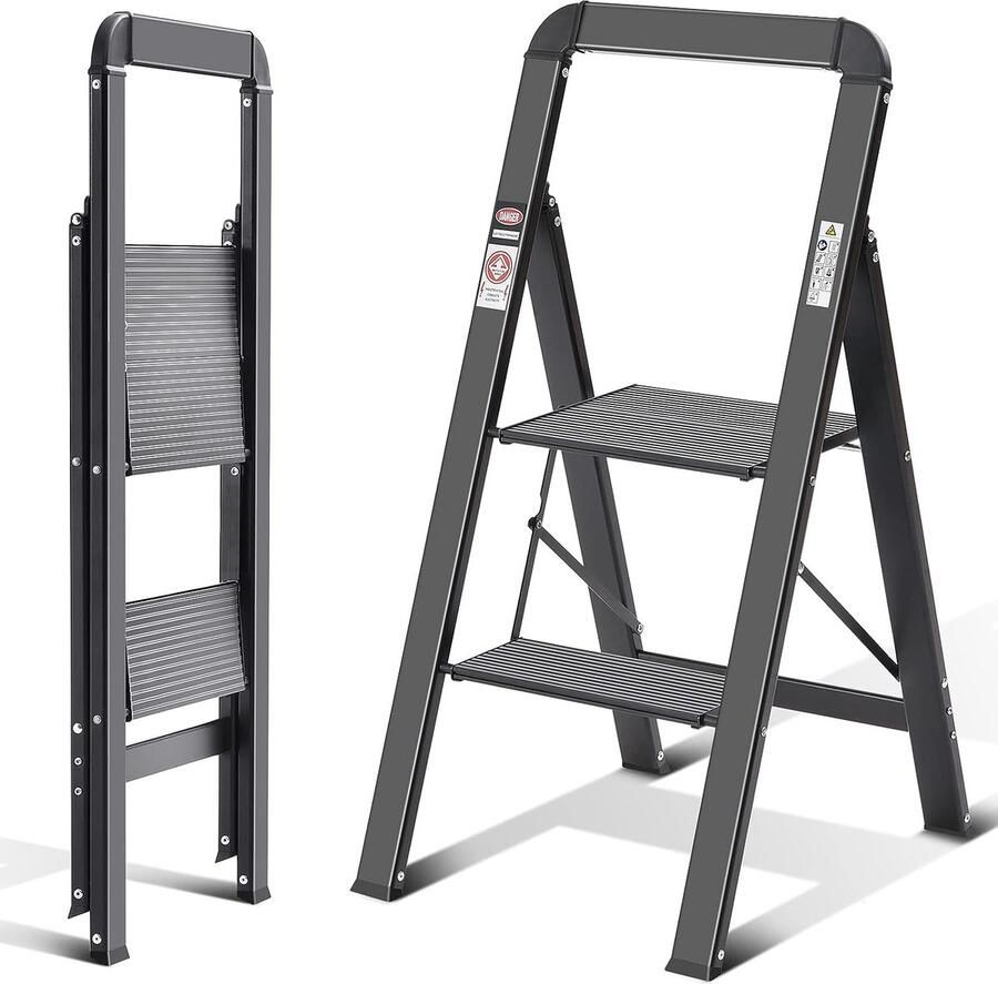 Merklose Trapladder 2 treden vouwladder met leuning antislip huishoudladder met klapbeveiliging aluminium opstapkruk belastbaar tot 150 kg zwart