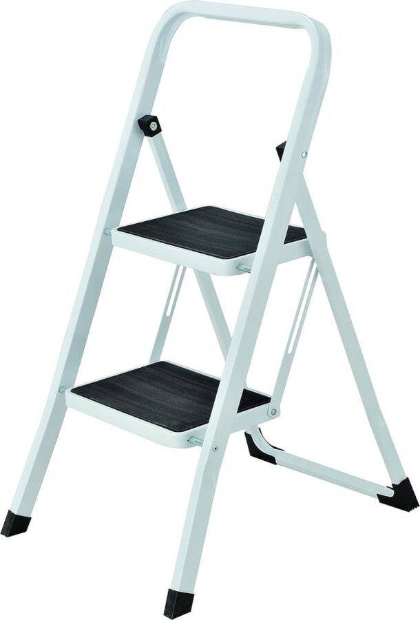 Merklose Veiligheid: deze stalen staande ladder heeft een maximale belastbaarheid van 150 kg en is gecertificeerd volgens de norm EN 131 wat zijn kwaliteit en veiligheid garandeert. Stabiliteit: De twee treden zijn stevig aan de trapladder geklonken. Ze zijn