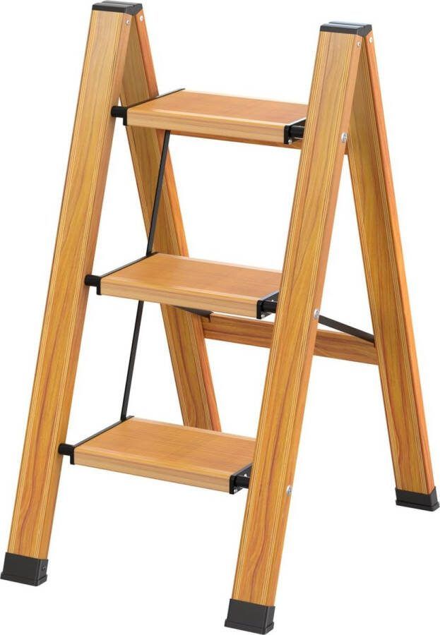 Merklose Vouwladder trapladder 3 treden inklapbaar aluminium vouwtrap draagbare trapladder antislip huishoudladder tot 150 kg multifunctionele ladder met houtnerf voor keuken badkamer camping