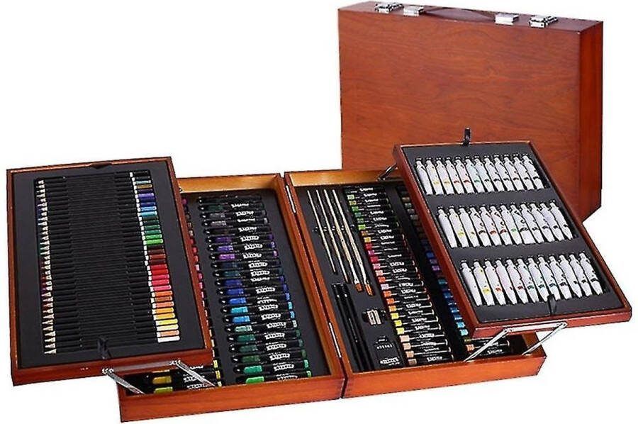 Merkloze Schilderkoffer van hout 174 stuks met penselen potloden olieverf oliepastels en nog veel meer opvouwbaar