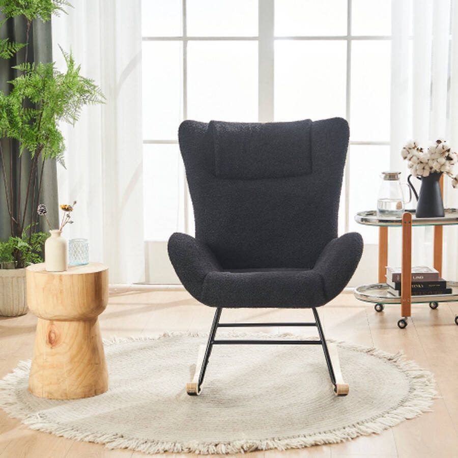Merlooks Black teddypluche schommelstoel armleuningen met zakken massief houten poten stabiel en comfortabel style 2