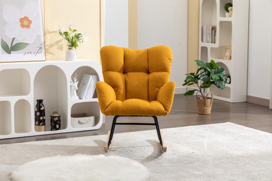 Merlooks Mid Century moderne vlasstof getuft gestoffeerde schommelstoel gevoerde zitting voor woonkamer slaapkamer geel