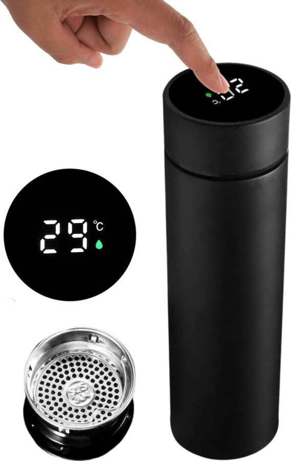 MESA LIVING *Persoonlijke Sticker Beschikbaar* Thermosfles met LCD temperatuur Display Curver Isolatiefles 450 ml Dubbelwandige Thermosfles Thermosbeker Isoleerfles Thermoskan Travel Mug bidon drinkfles Koffiebeker RVS Zwart