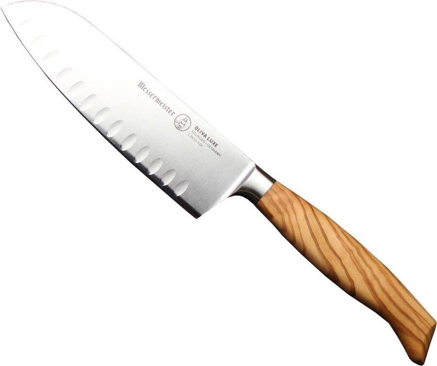 Messermeister Oliva Elite Santokumes 16 5 cm Kuiltjes voor Efficiënt Snijden Olijfhouten Handvat