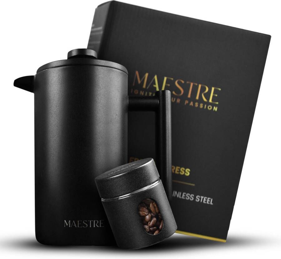 Mestre French Press Koffiemaker met Bonenpotje Maestre Cafetiere Dubbelwandig Verse Koffiemaker Hoogwaardig RVS 1 Liter