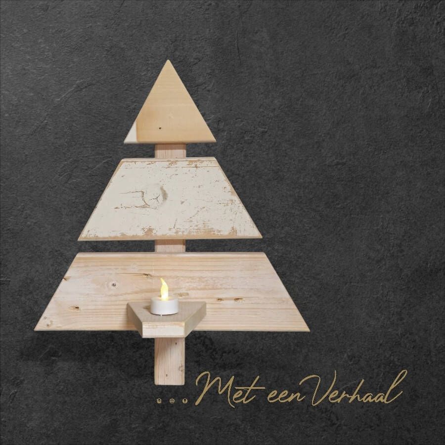 ...Met een Verhaal Kerstboom van reclaimed wood kaarshouder planttafeltje wandconsole wandplank Davidsster hergebruikt hout vurenhout duurzaam hout 48 x 40 cm