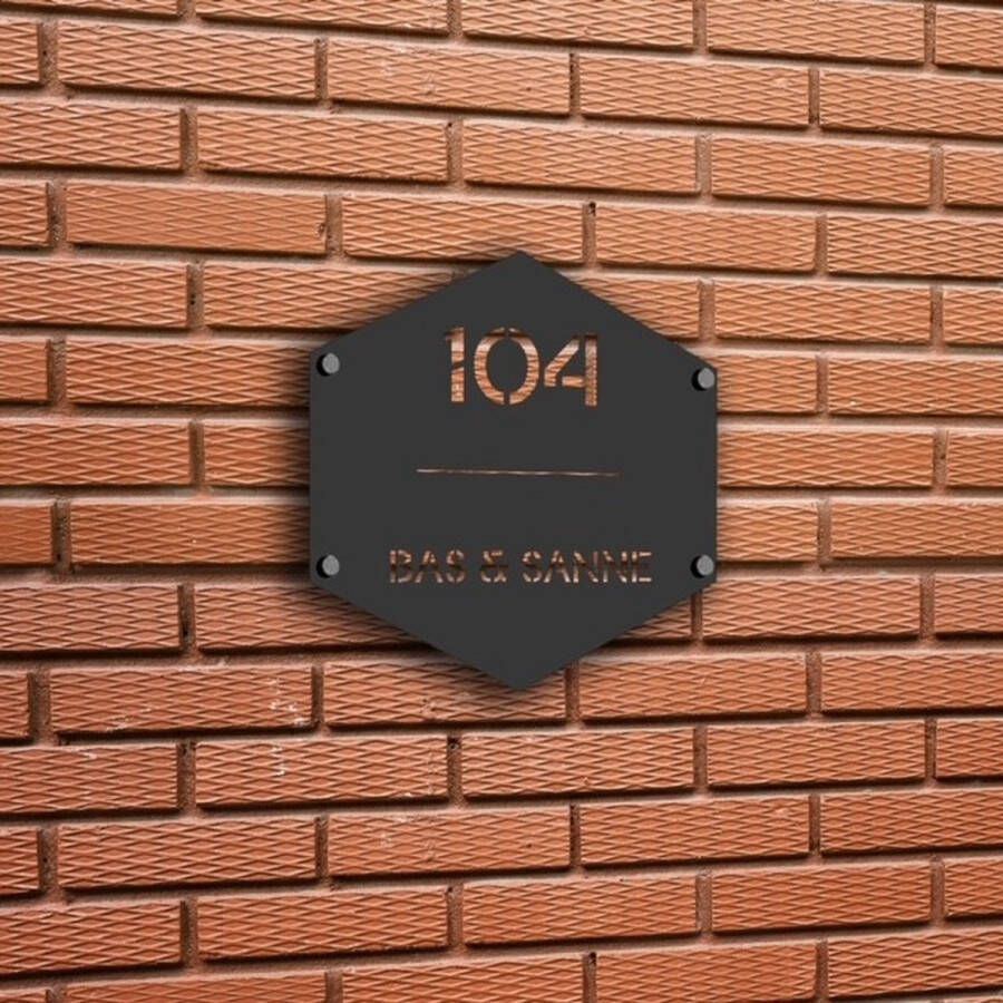 Metaal Decoraties Naambordje Voordeur – Naambordje Huisnummer – 1 5 mm RVS – Modern Design – Met Nummer En Naam Zwart of Grijs 25x21 5