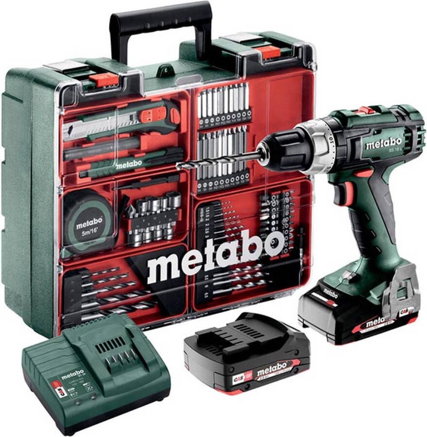 Metabo 2x 18V Li-power accuboor- schroefmachineset 450-1800 tpm 2x 2.0 ah accu's en lader snelspanboorhouder LED-werklamp riemclip met bithouder 73-delige accessoire kunststof koffer