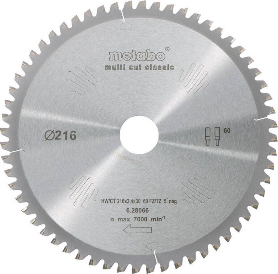 Metabo 628066000 Multi Cut Cirkelzaagblad 216 x 30 x 60T Hout Epoxy Aluminium Kunststof