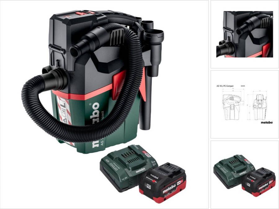 Metabo AS 18 L PC Compact accustofzuiger 18 V 6 l IPX4 stofklasse L nat en droog + 1x oplaadbare accu 5 Ah + lader