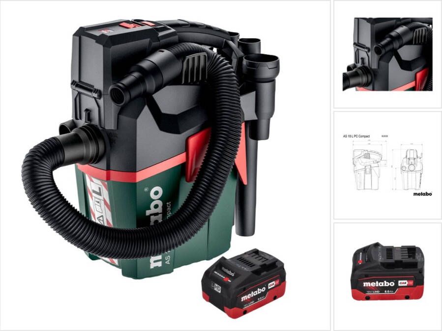Metabo AS 18 L PC Compact accustofzuiger 18 V 6 l IPX4 stofklasse L nat en droog + 1x oplaadbare accu 8.0 Ah zonder oplader