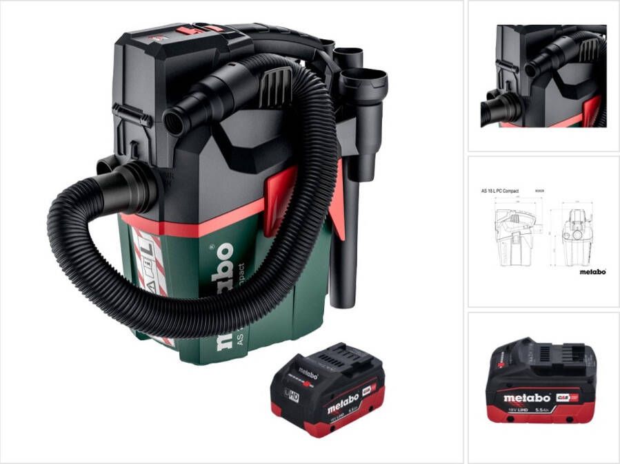 Metabo AS 18 L PC Compact accustofzuiger 18 V 6 l IPX4 stofklasse L nat en droog + 1x oplaadbare accu 5 Ah zonder oplader