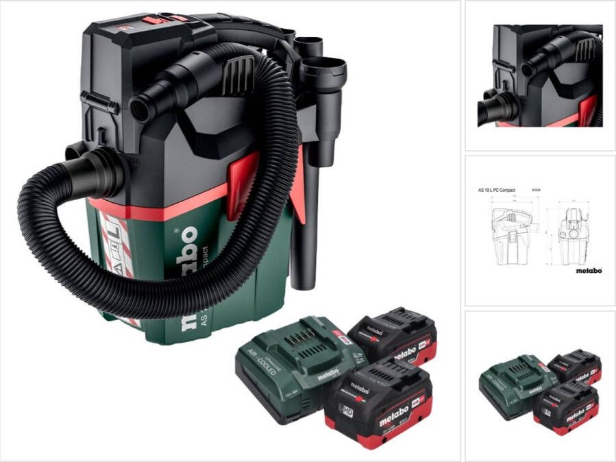 Metabo AS 18 L PC Compact accustofzuiger 18 V 6 l IPX4 stofklasse L nat en droog + 2x oplaadbare accu 8.0 Ah + lader