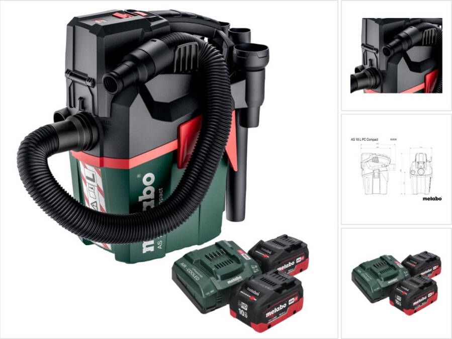 Metabo AS 18 L PC Compact accustofzuiger 18 V 6 l IPX4 stofklasse L nat en droog + 2x oplaadbare accu 10 0 Ah + lader