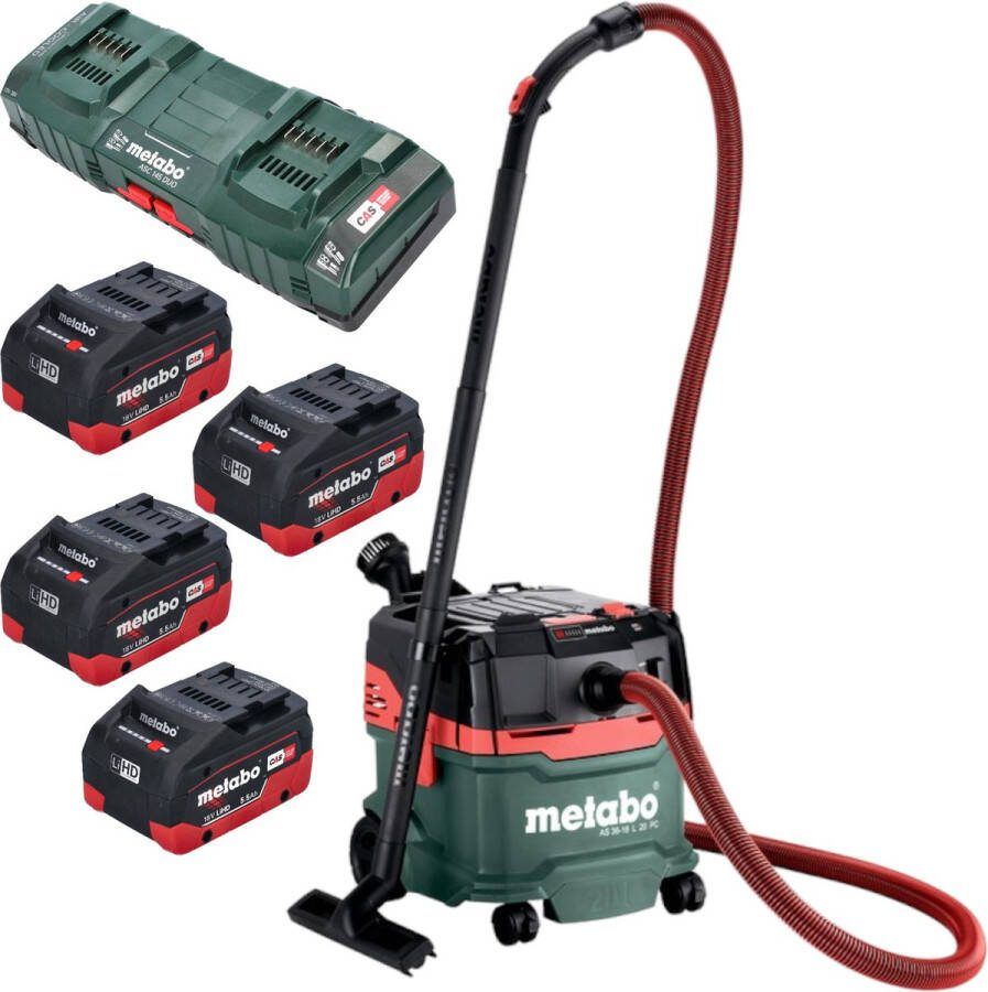Metabo AS 36 18 L 20 PC snoerloze nat- droogzuiger 36 V ( 2x 18 V ) 20 L + 4x LiHD accu 5 Ah + dubbele lader