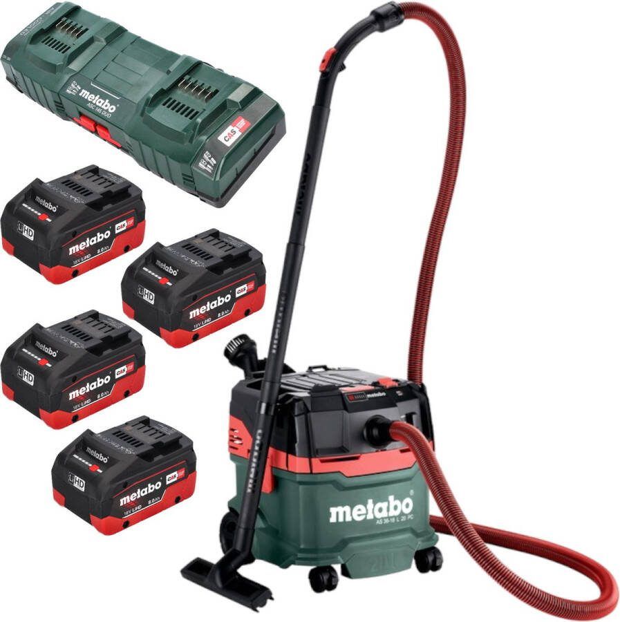Metabo AS 36 18 L 20 PC snoerloze nat- droogzuiger 36 V ( 2x 18 V ) 20 L + 4x LiHD accu 8.0 Ah + dubbele lader
