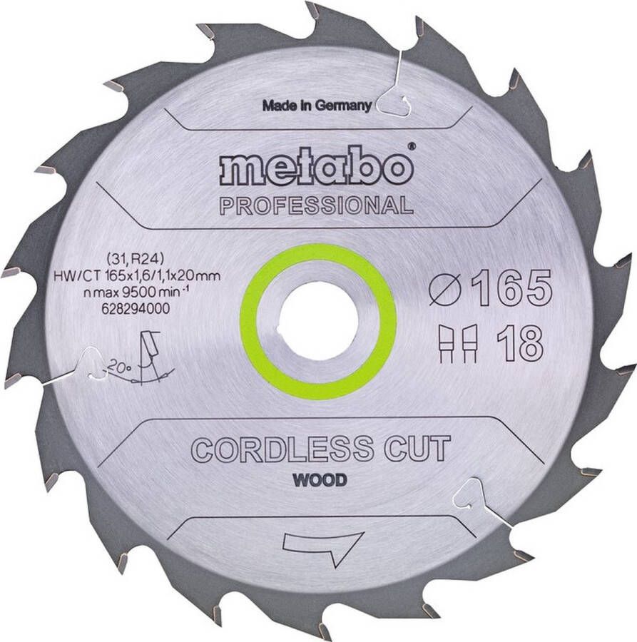 Metabo Cirkelzaagblad Cordless Cut Wood Professional 165 x 1.6 x 20 mm Z36 WZ 15°